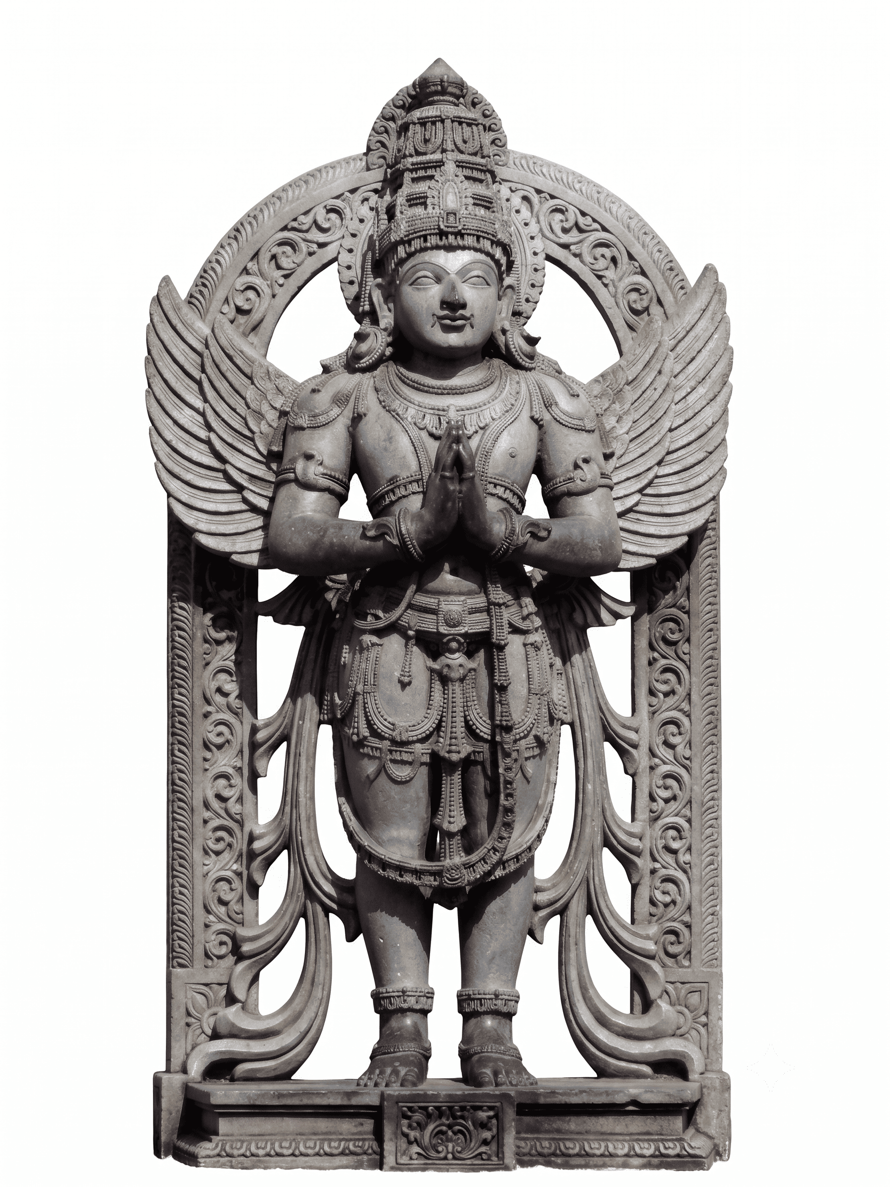 Stone carving of Garuda in prayer, wings outspread